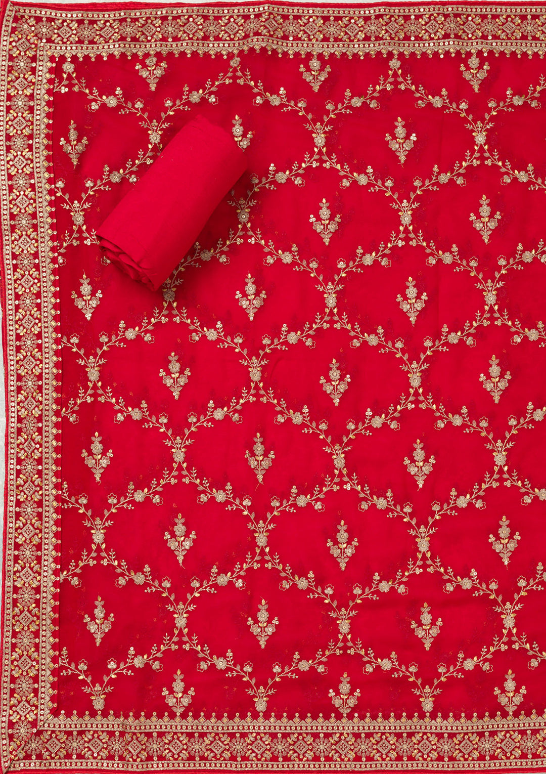Red Threadwork Georgette Unstitched Salwar Suit
