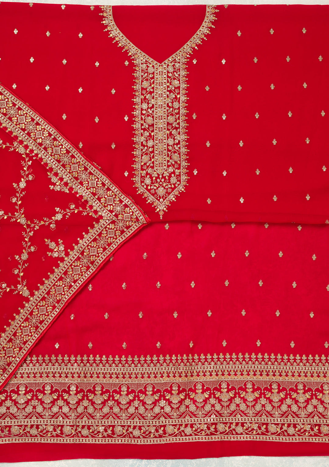 Red Threadwork Georgette Unstitched Salwar Suit
