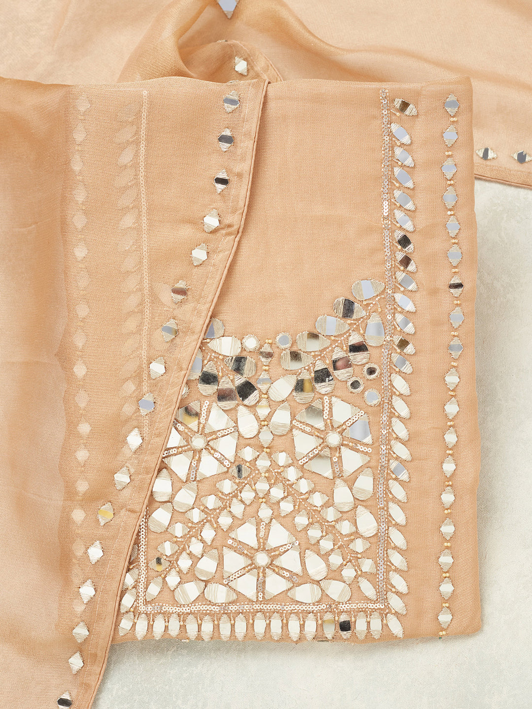 Light Brown Mirrorwork Tissue Unstitched Salwar Suit