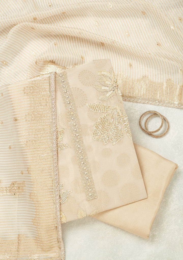Beige Zariwork (Gold) Tissue Unstitched Salwar Suit