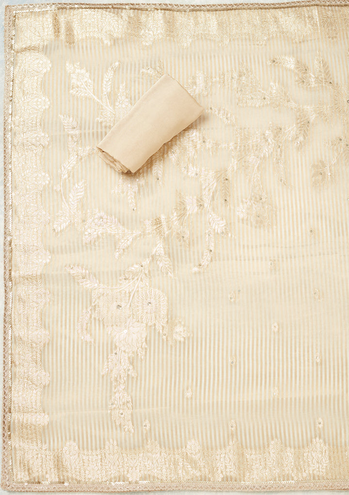 Beige Zariwork (Gold) Tissue Unstitched Salwar Suit