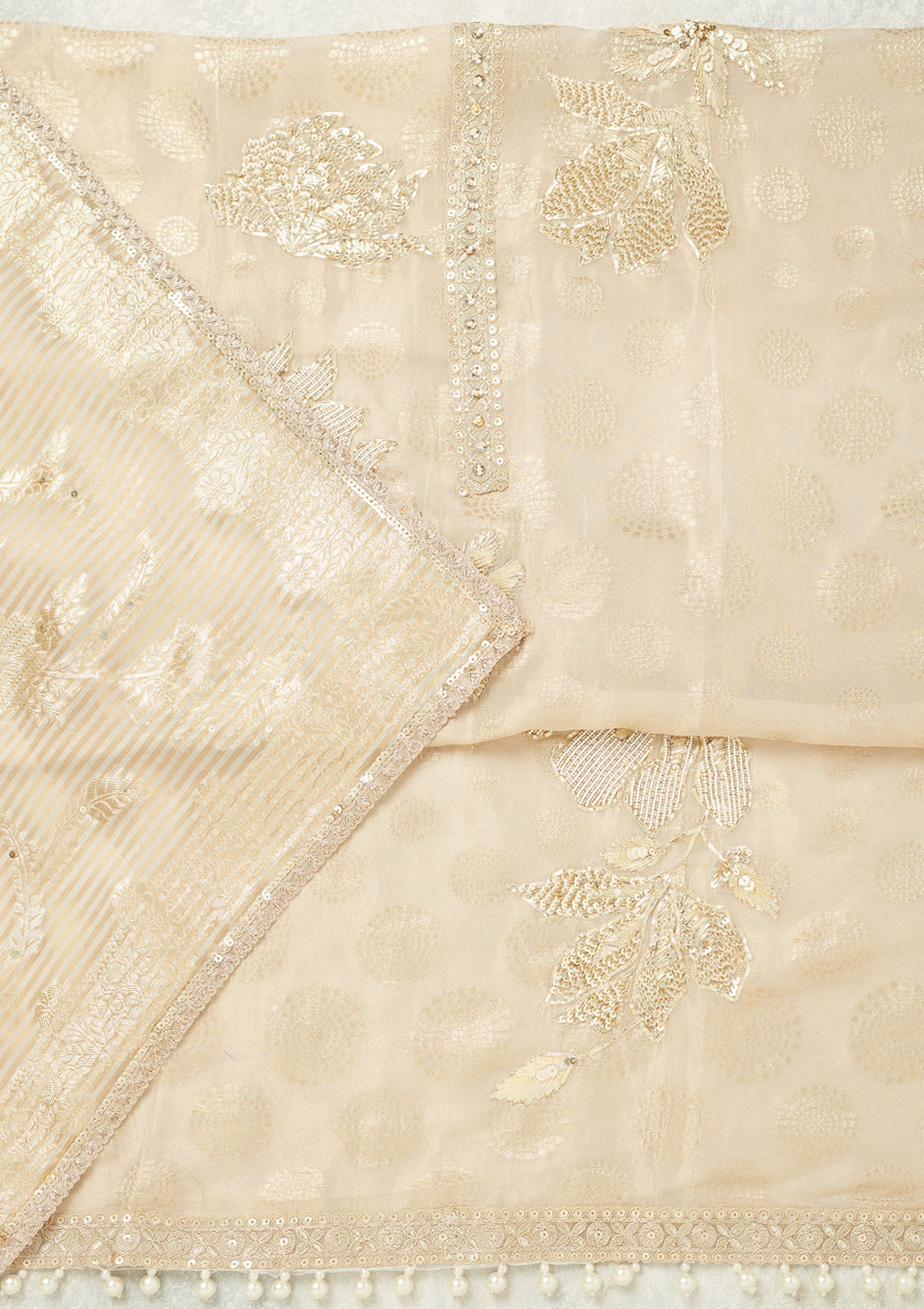 Beige Zariwork (Gold) Tissue Unstitched Salwar Suit