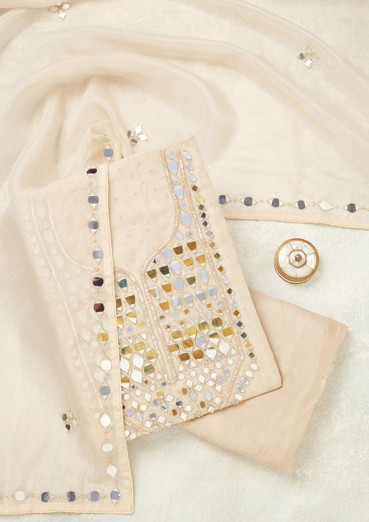 Beige Mirrorwork Tissue Unstitched Salwar Suit