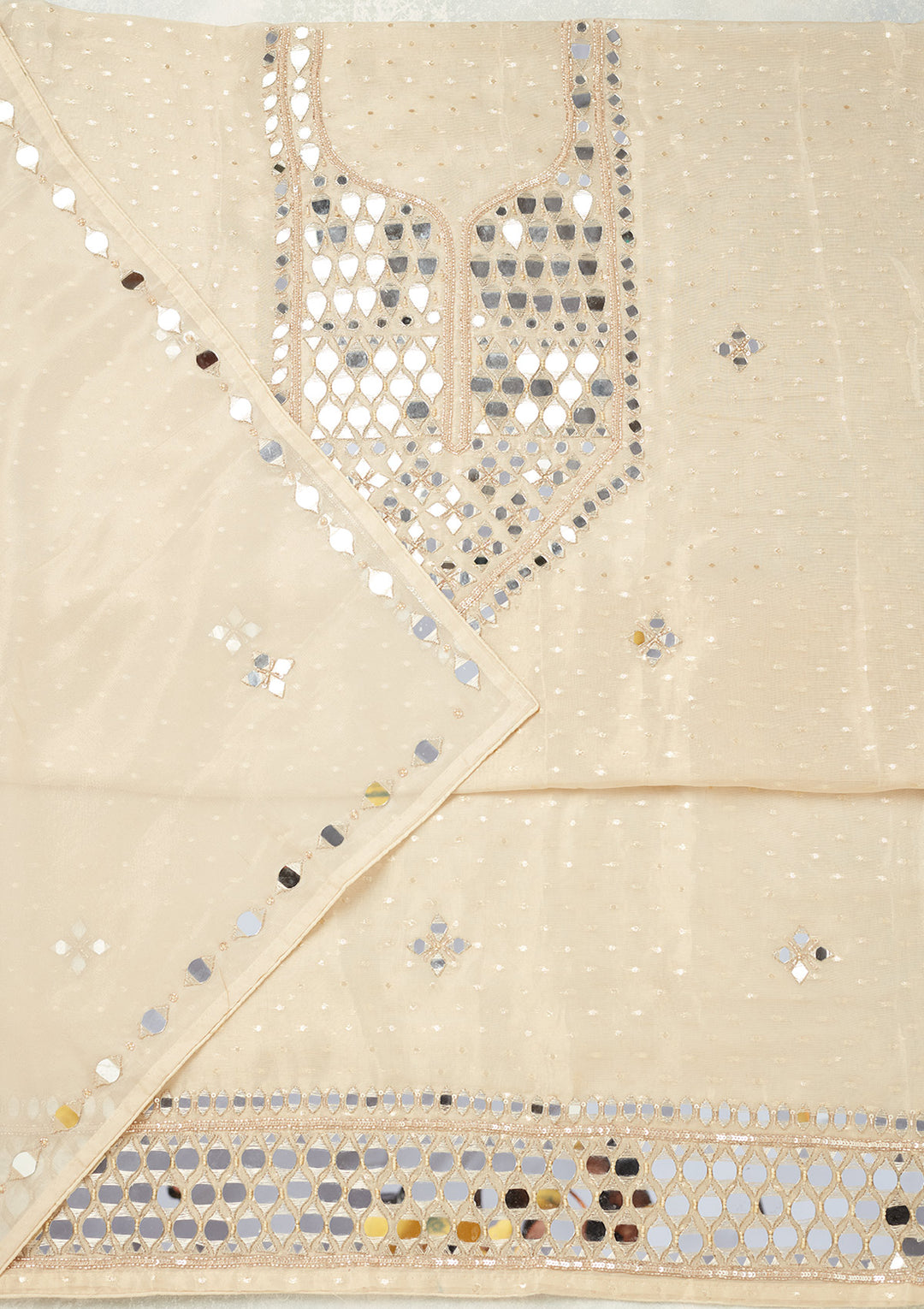 Beige Mirrorwork Tissue Unstitched Salwar Suit