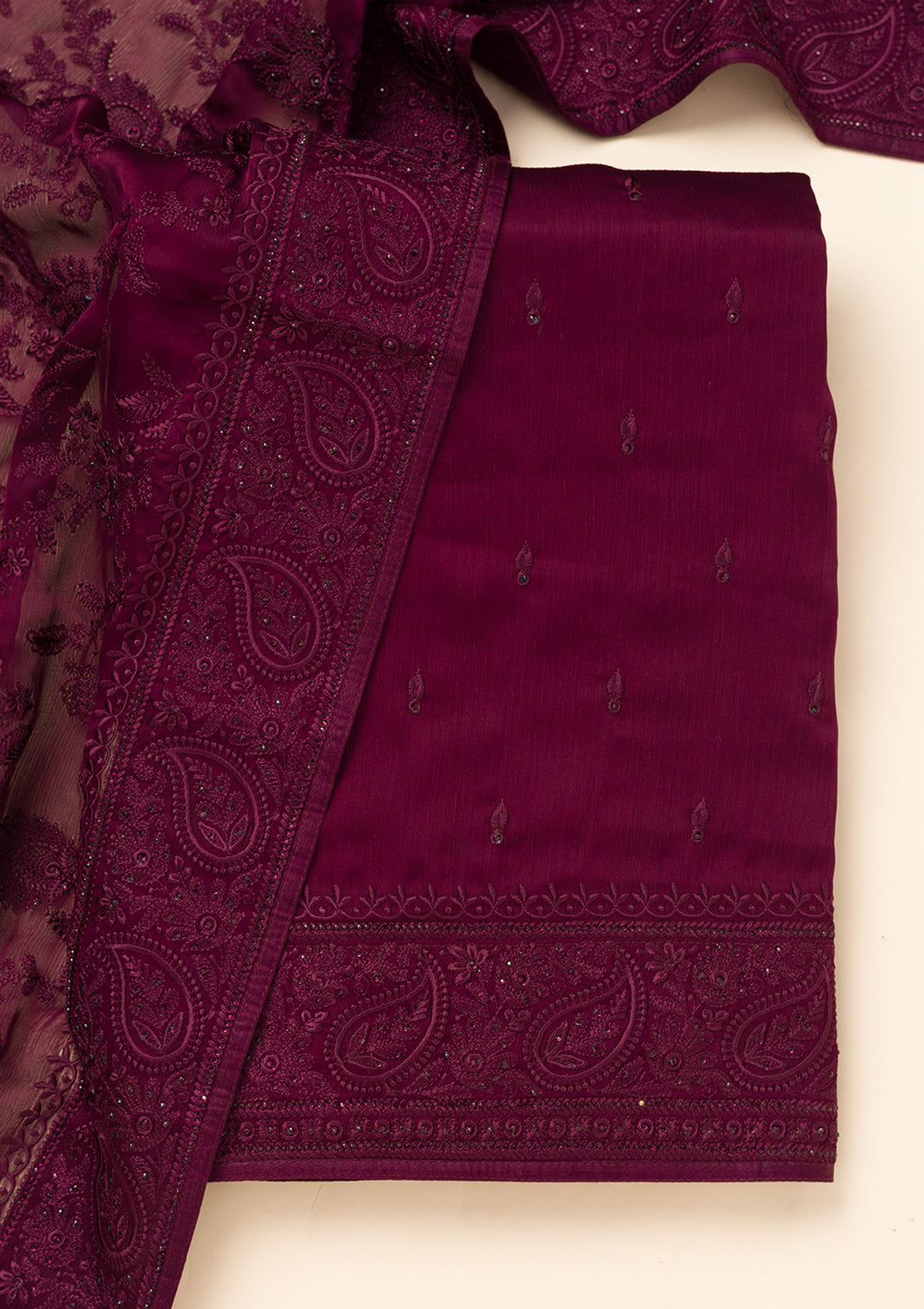 Wine Swarovski Semi Crepe Unstitched Salwar Suit