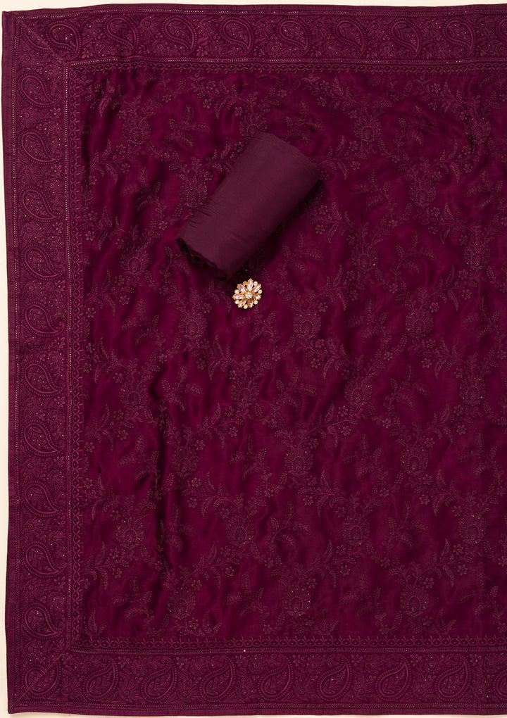 Wine Swarovski Semi Crepe Unstitched Salwar Suit