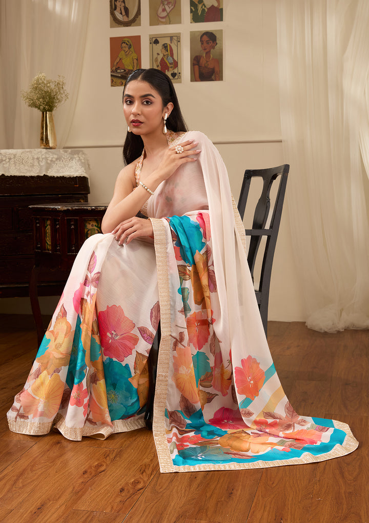 Cream Cutdana Chiffon Saree