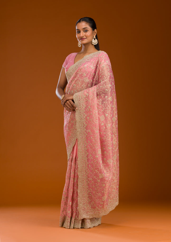 Baby Pink Sequins Tissue Saree