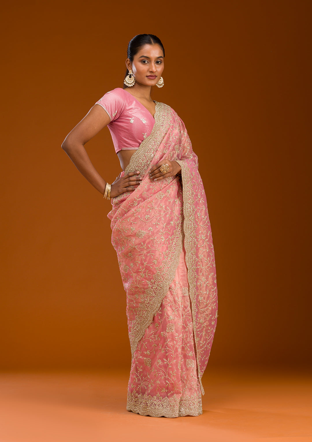 Baby Pink Sequins Tissue Saree