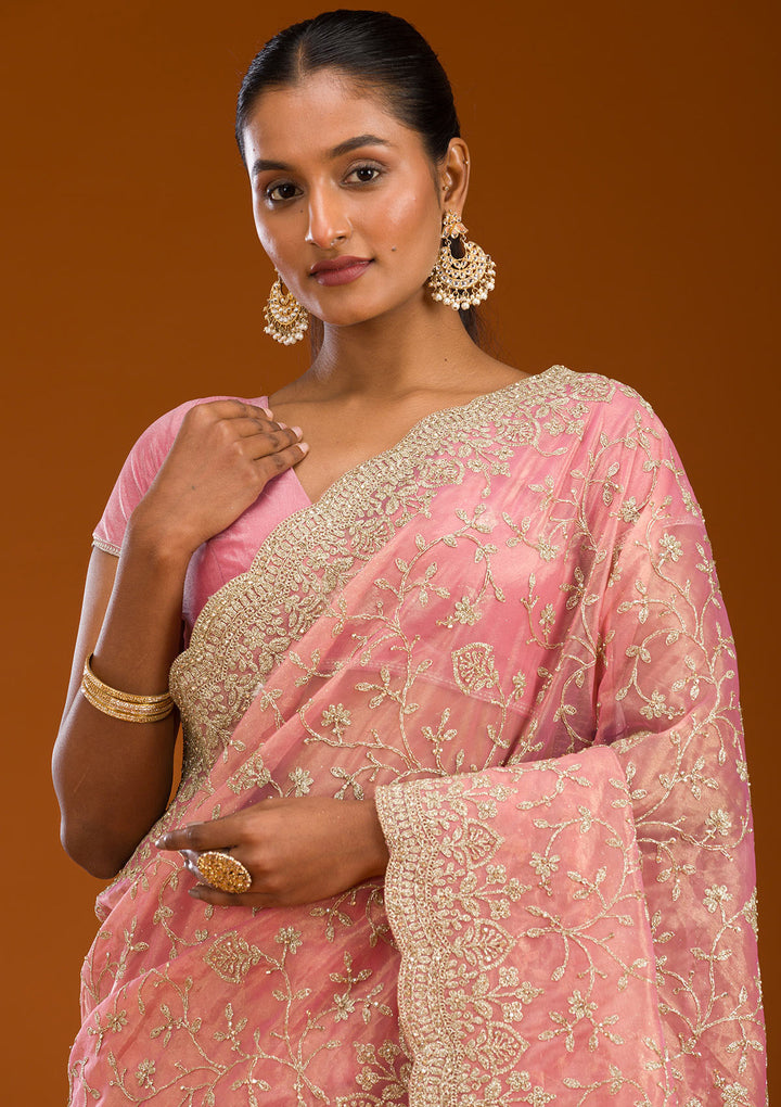 Baby Pink Sequins Tissue Saree