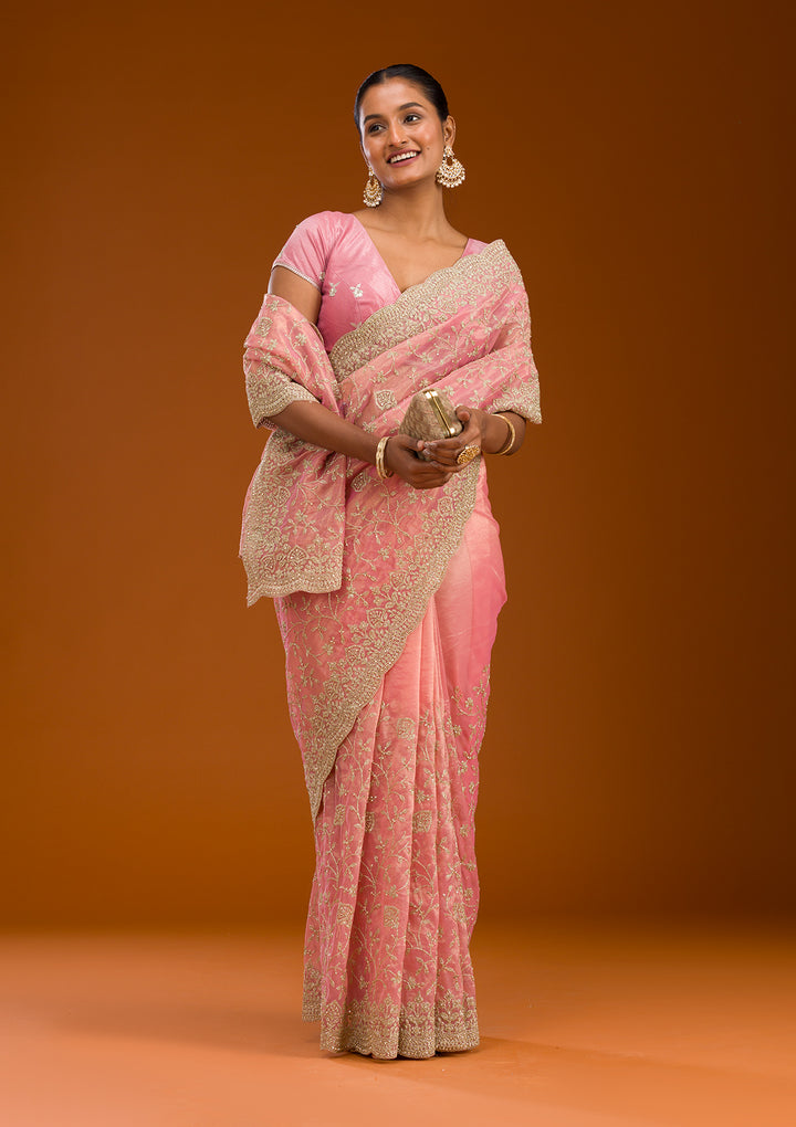 Baby Pink Sequins Tissue Saree