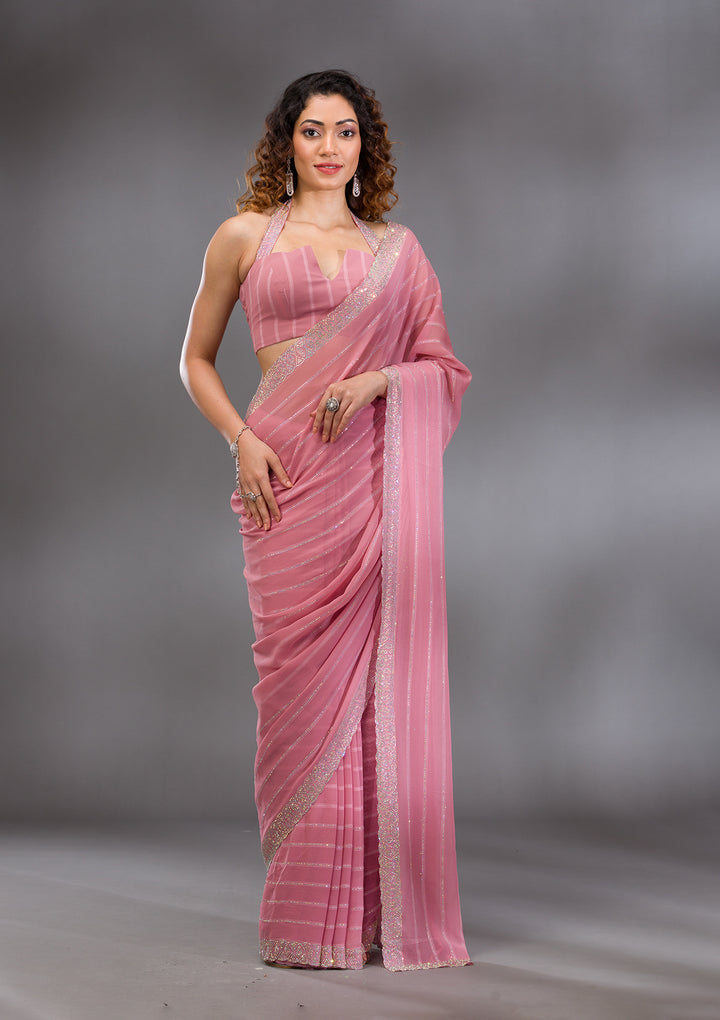 Baby Pink Stonework Georgette Saree