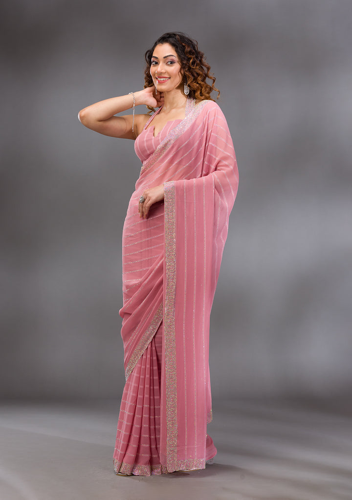 Baby Pink Stonework Georgette Saree