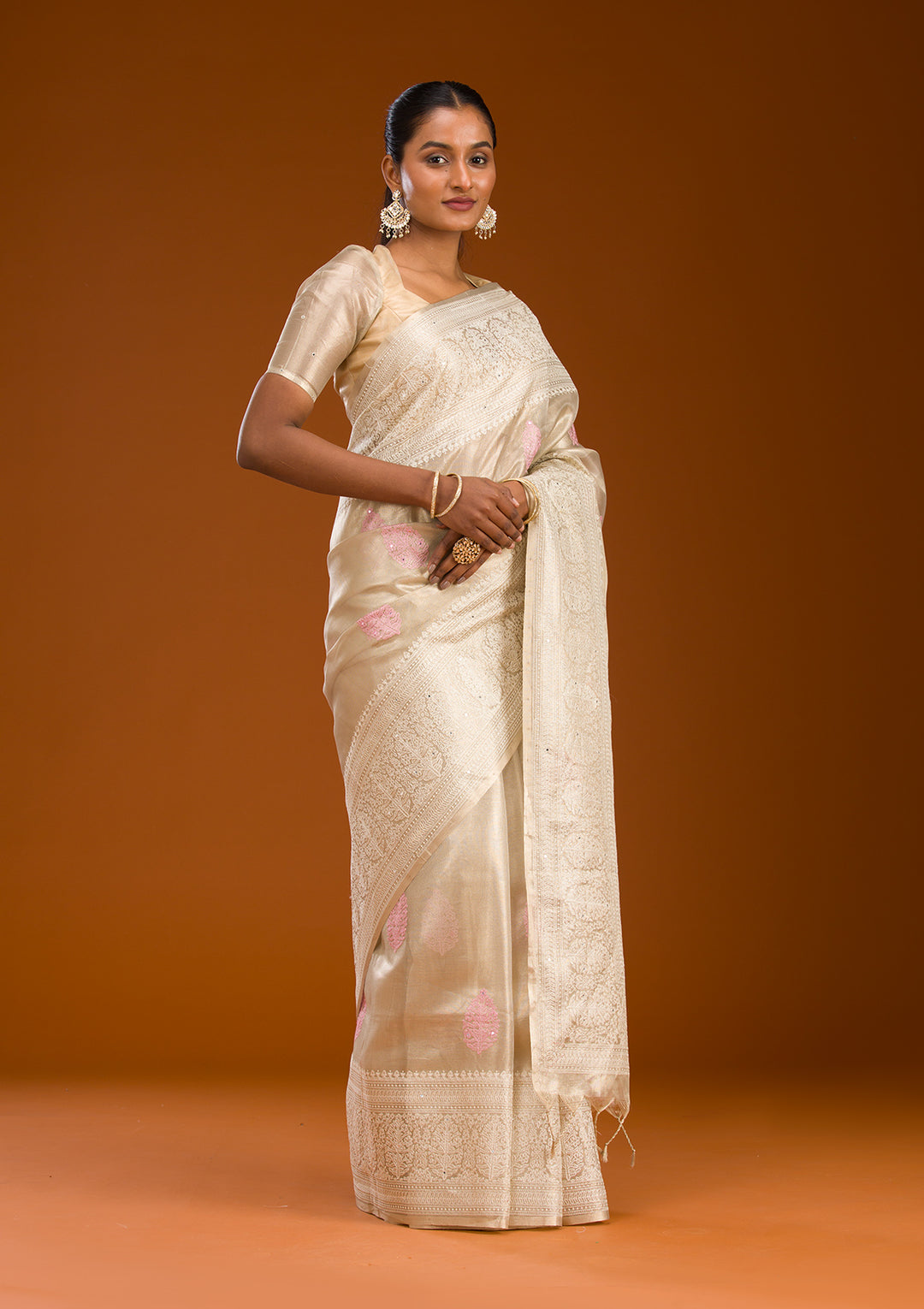 Baby Pink Threadwork Tissue Saree