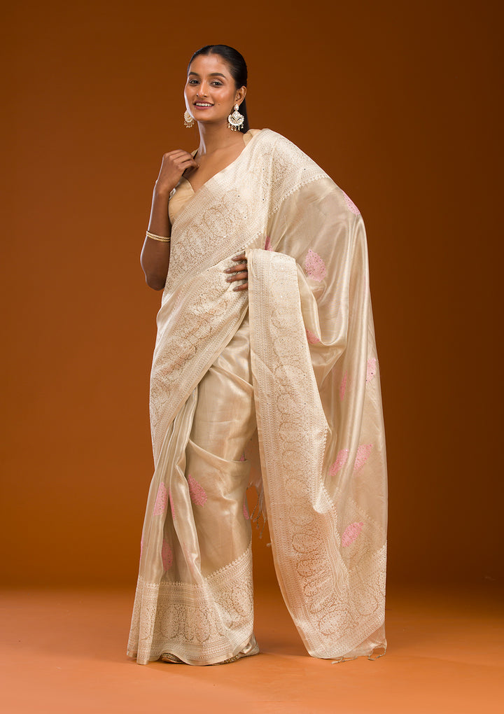 Baby Pink Threadwork Tissue Saree