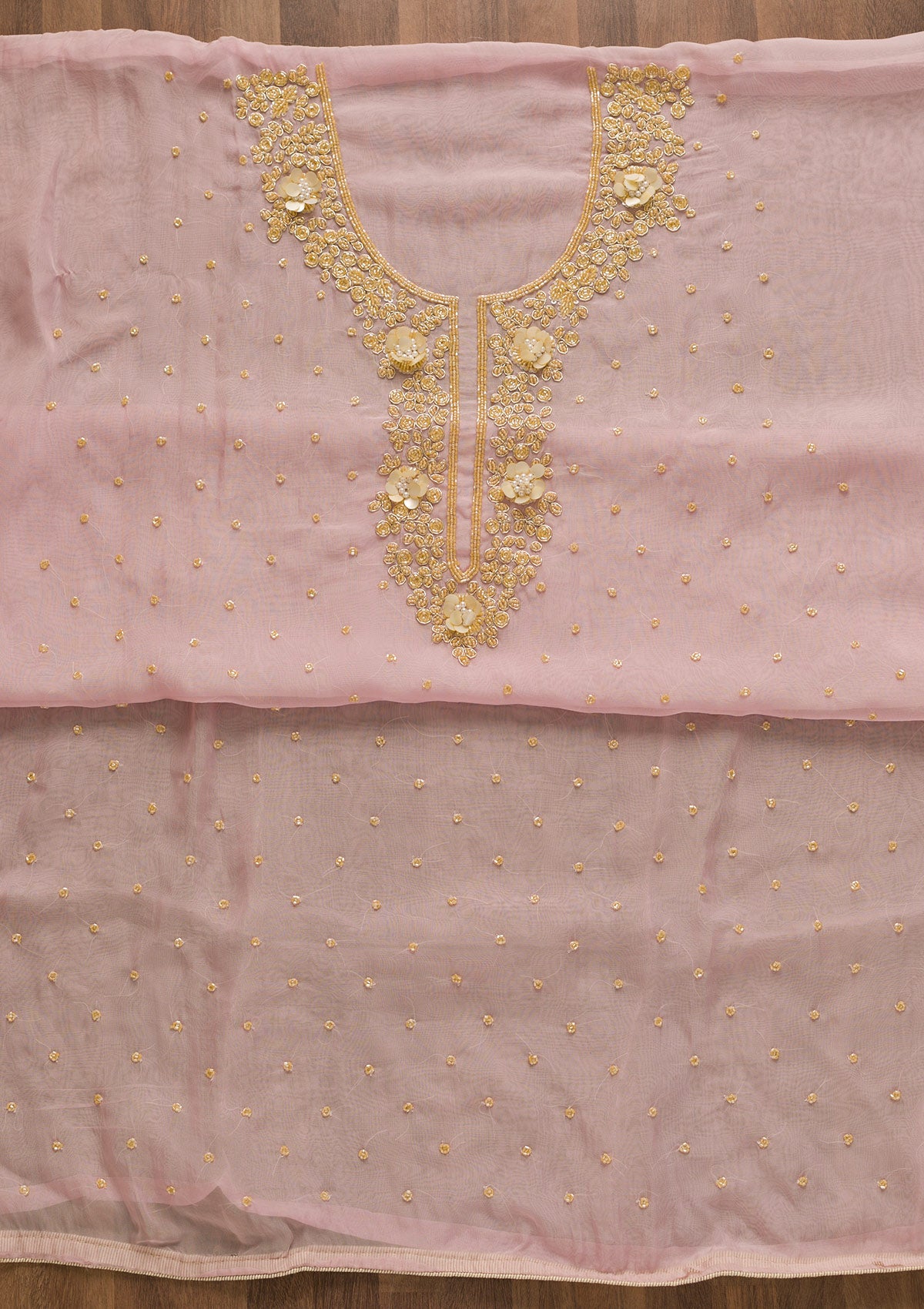 Baby Pink Cutdana Organza Unstitched Salwar Suit-Koskii