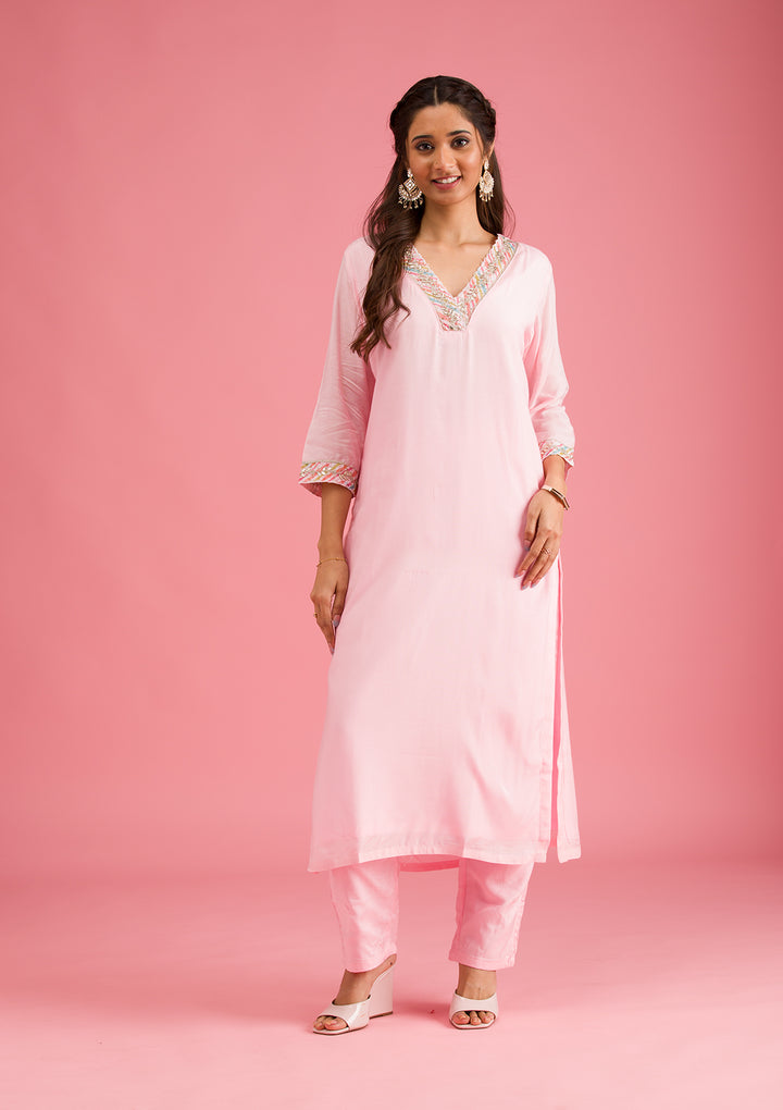 Baby Pink Gotapatti Semi Crepe Readymade Salwar Suit
