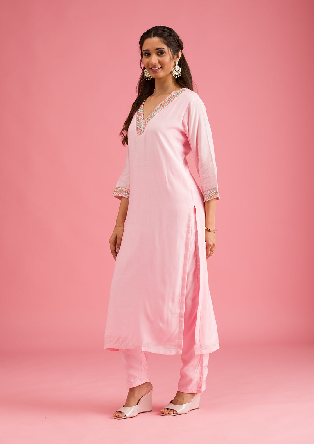 Baby Pink Gotapatti Semi Crepe Readymade Salwar Suit