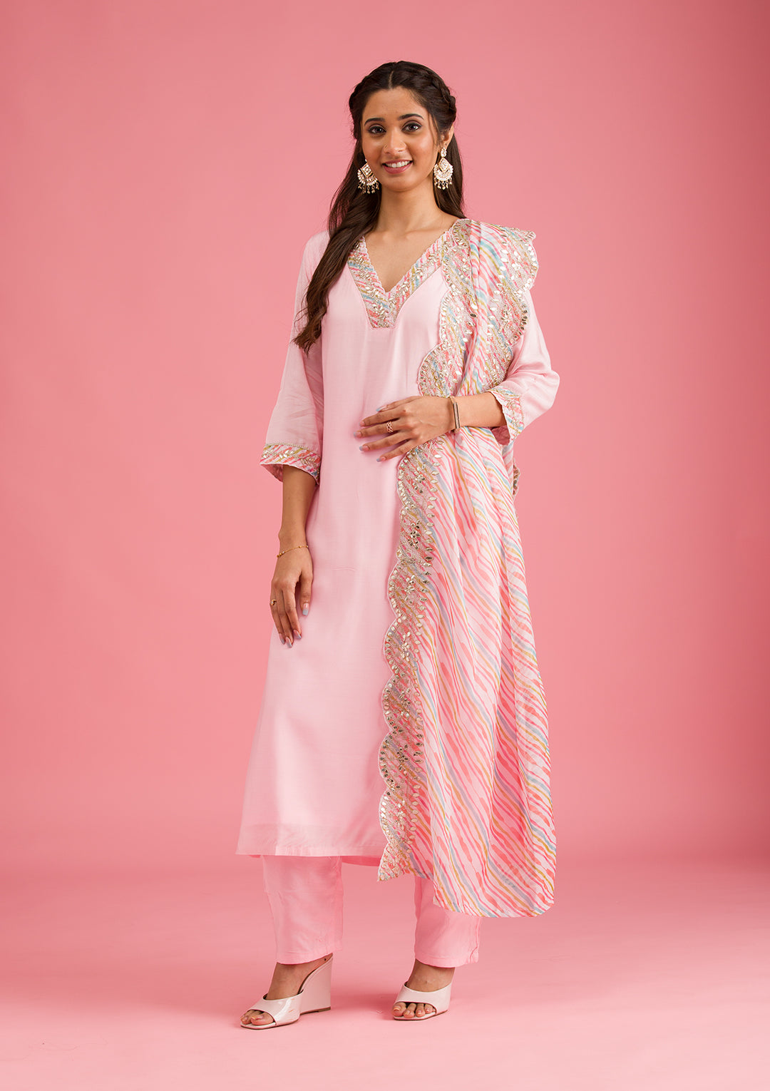 Baby Pink Gotapatti Semi Crepe Readymade Salwar Suit
