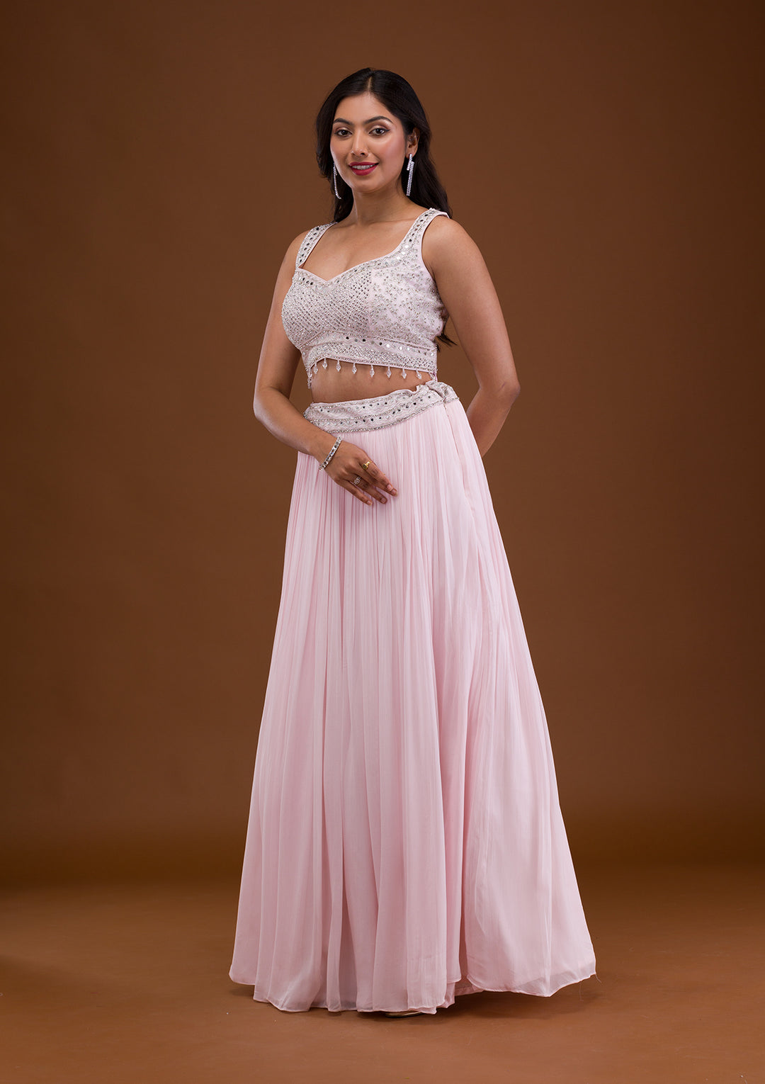 Baby Pink Mirrorwork Net Readymade Lehenga