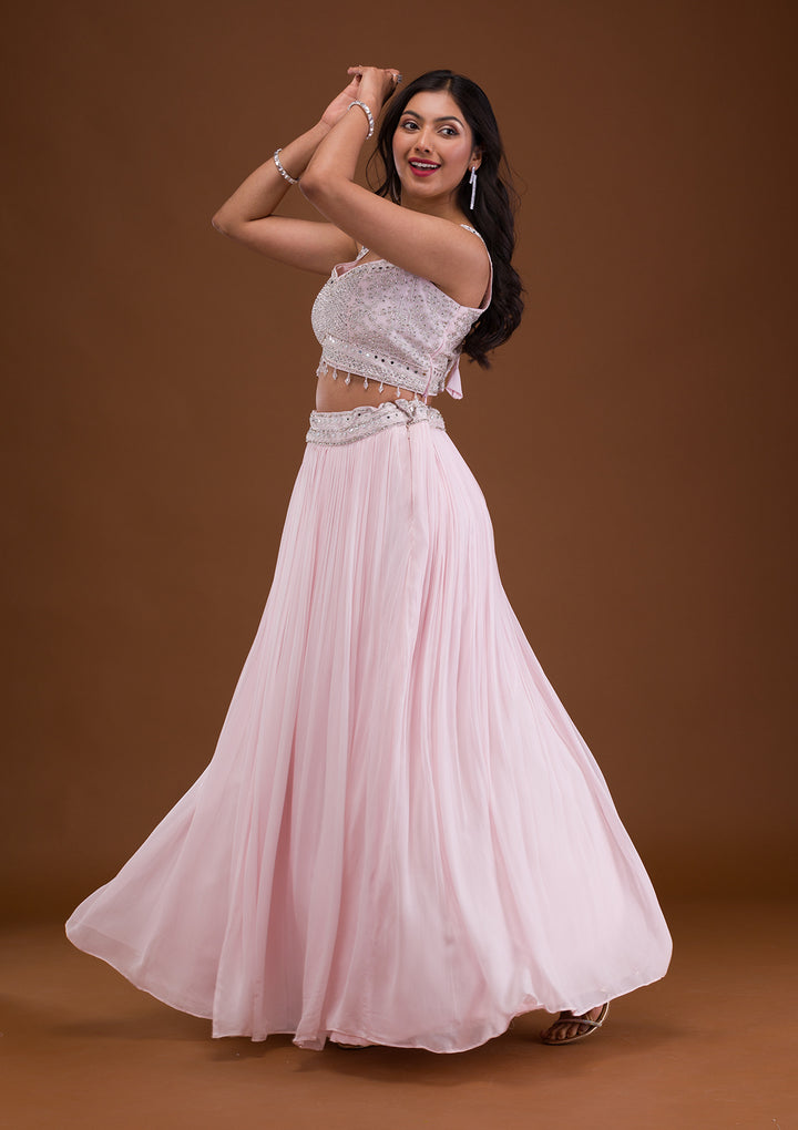 Baby Pink Mirrorwork Net Readymade Lehenga
