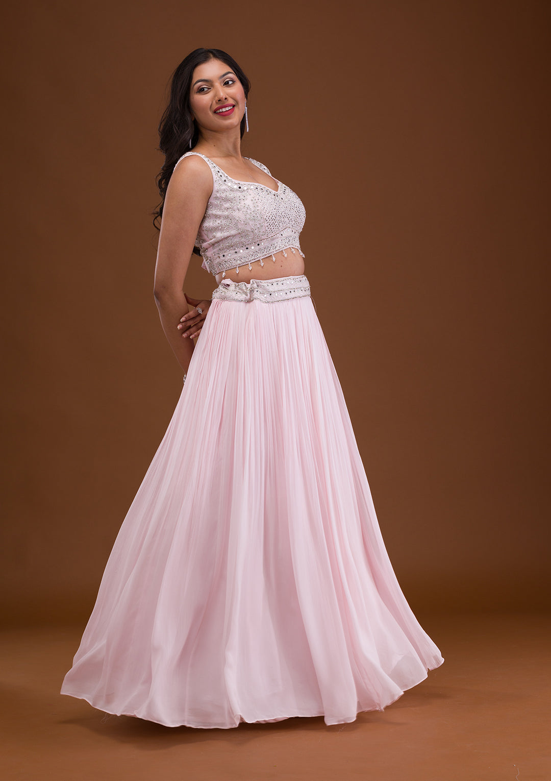 Baby Pink Mirrorwork Net Readymade Lehenga