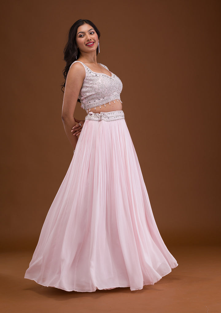 Baby Pink Mirrorwork Net Readymade Lehenga