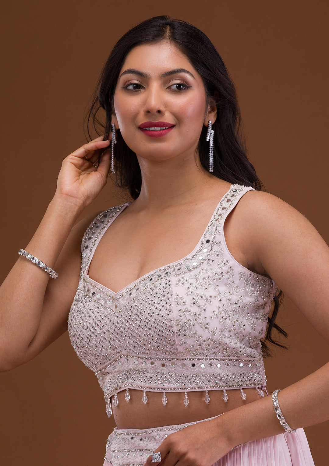 Baby Pink Mirrorwork Net Readymade Lehenga