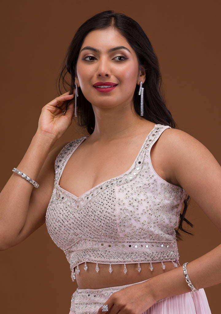 Baby Pink Mirrorwork Net Readymade Lehenga