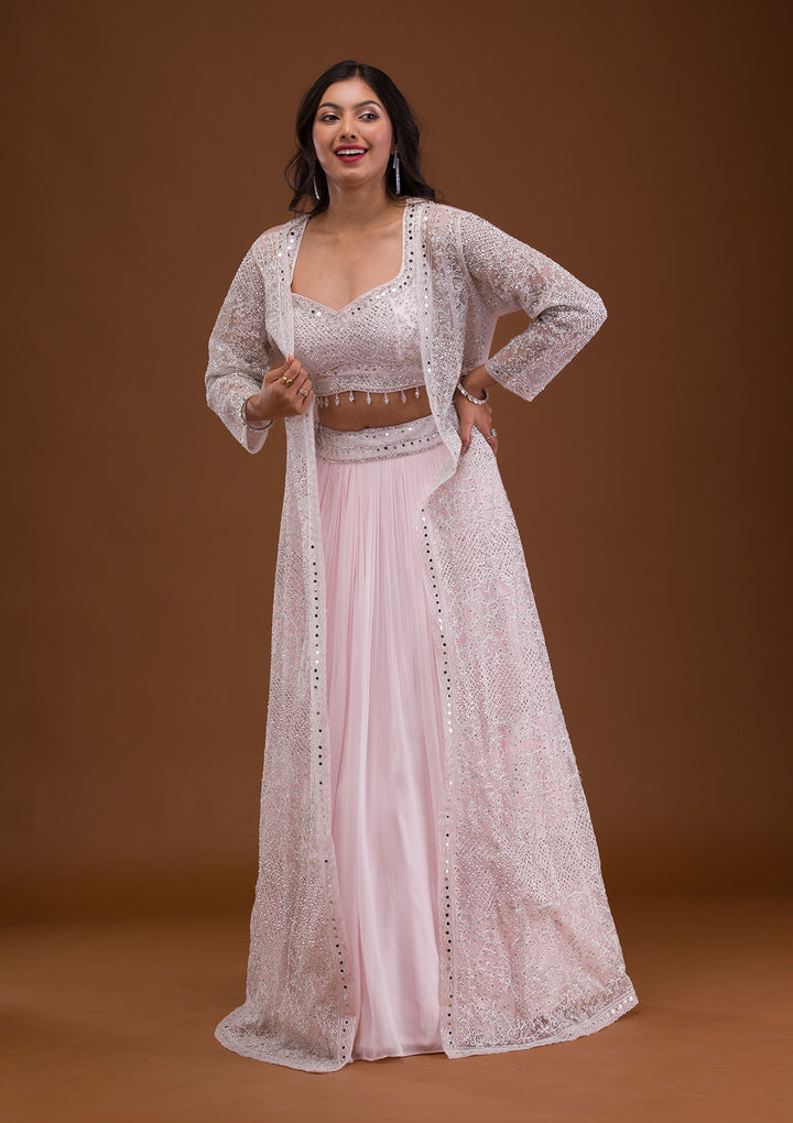 Baby Pink Mirrorwork Net Readymade Lehenga