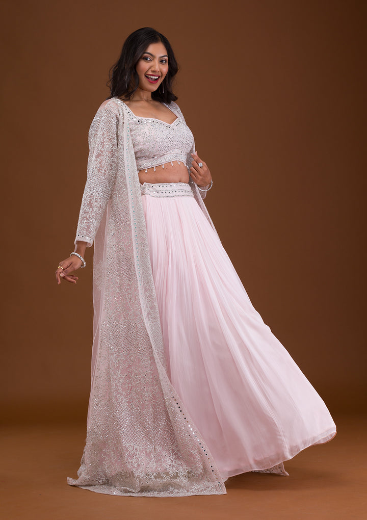 Baby Pink Mirrorwork Net Readymade Lehenga