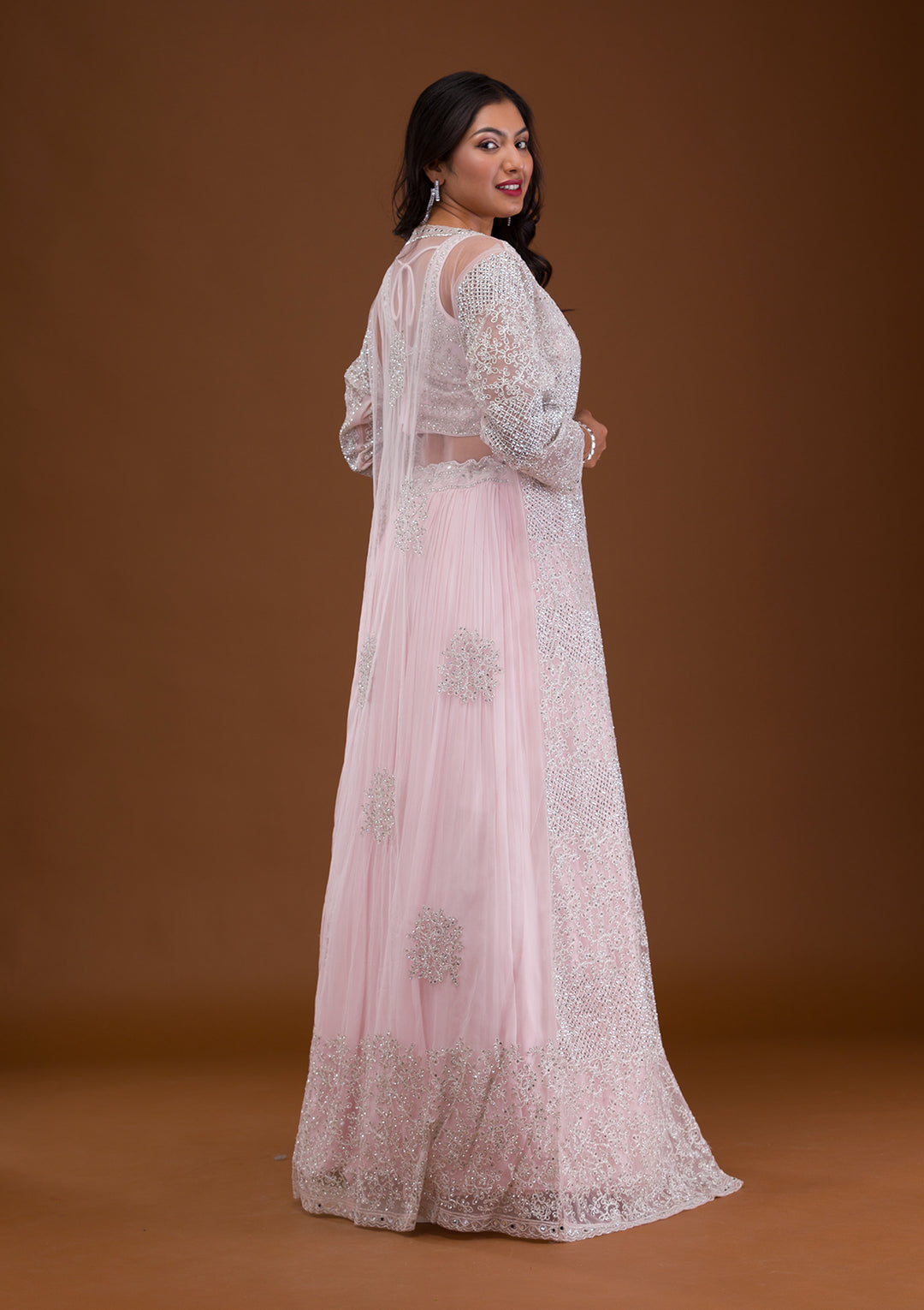 Baby Pink Mirrorwork Net Readymade Lehenga