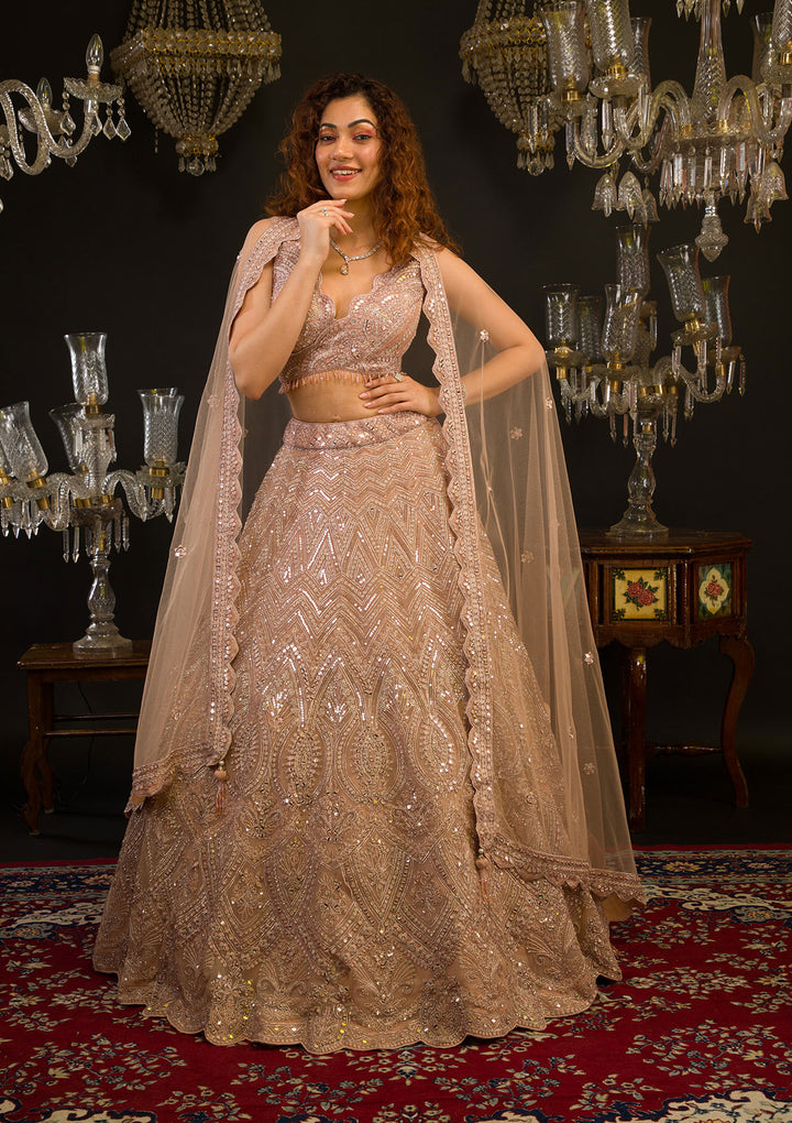 Baby Pink Mirrorwork Net Readymade Lehenga
