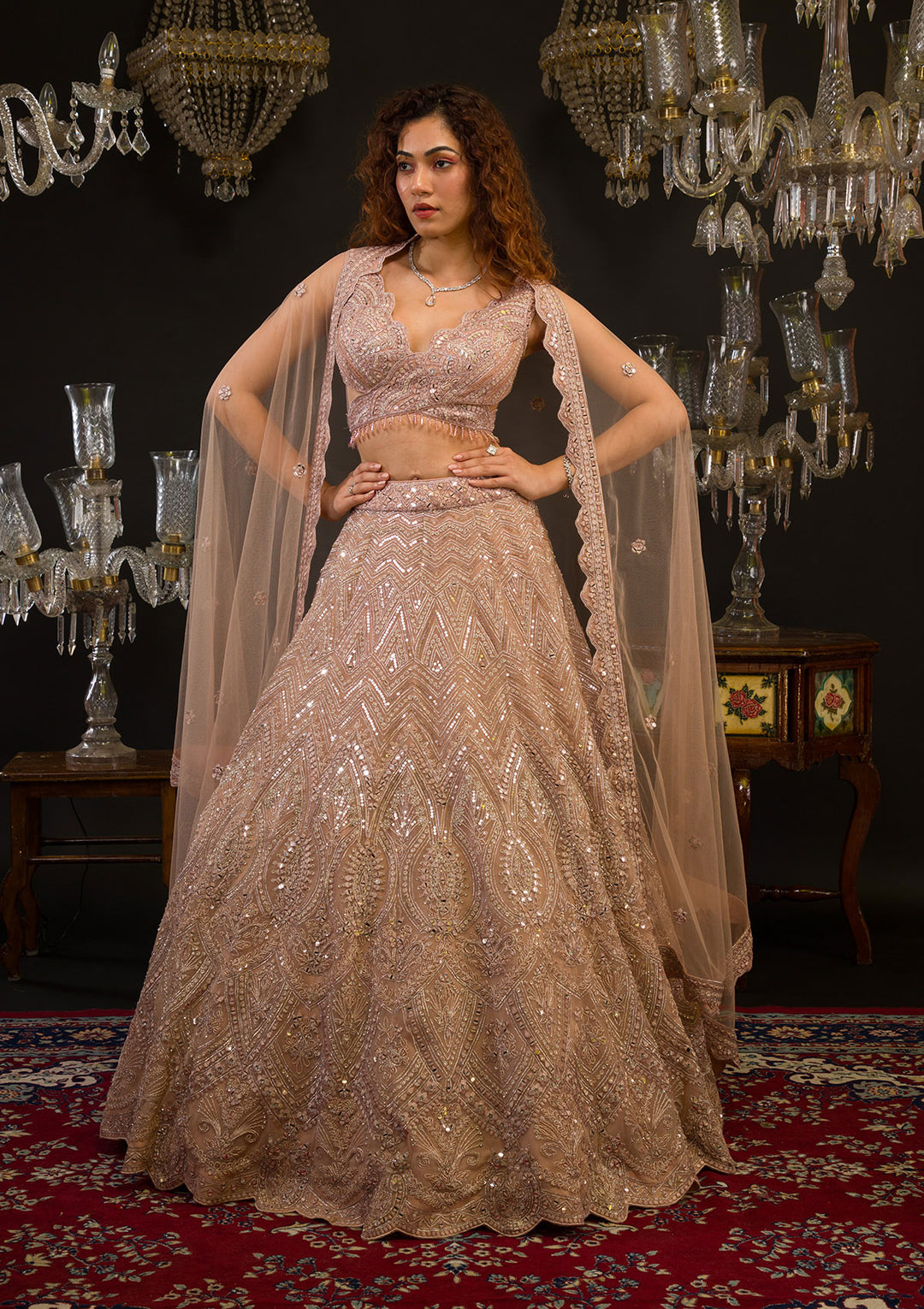 Baby Pink Mirrorwork Net Readymade Lehenga