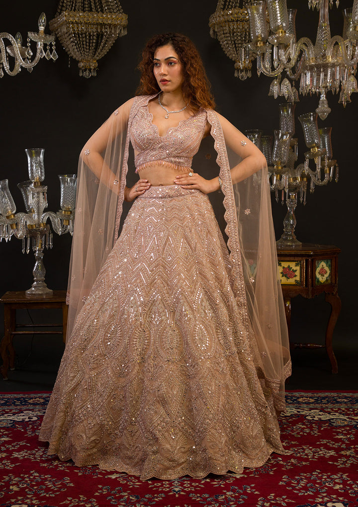 Baby Pink Mirrorwork Net Readymade Lehenga