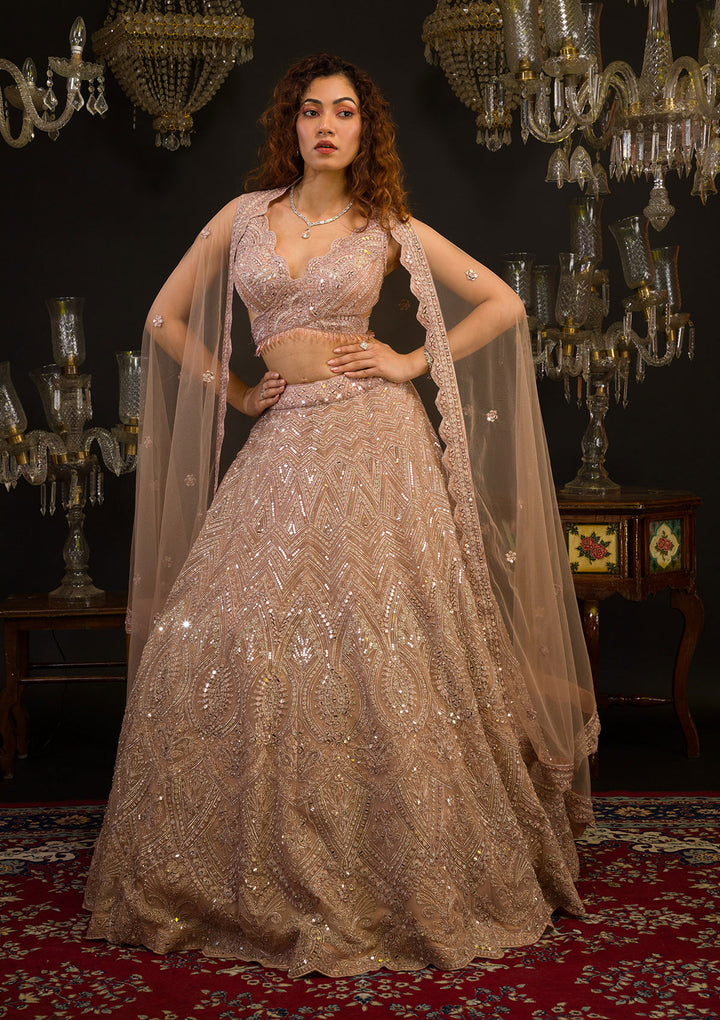 Baby Pink Mirrorwork Net Readymade Lehenga