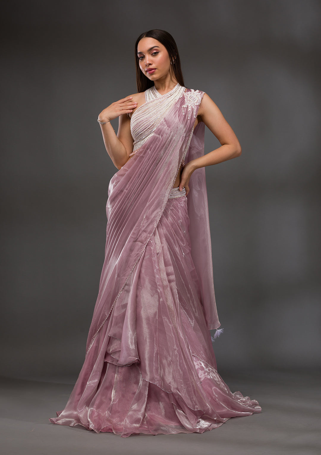 Baby Pink Pearlwork Organza Readymade Saree