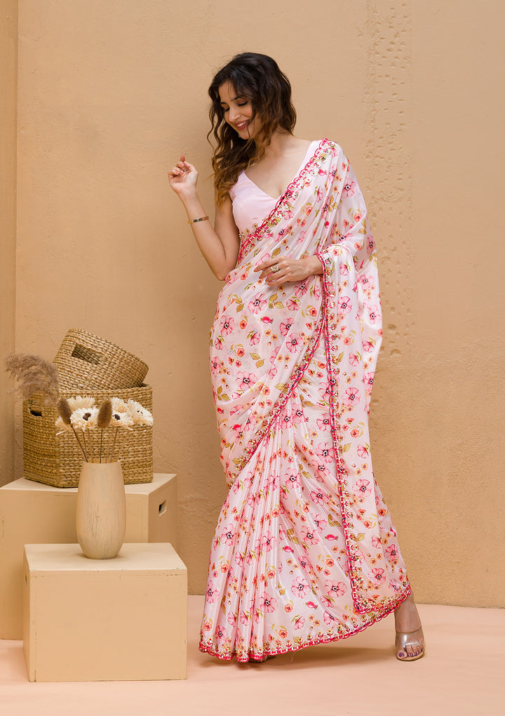 Baby Pink Floral Printed Crepe Designer Saree