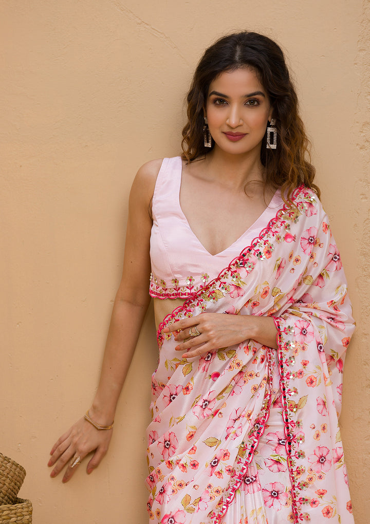 Baby Pink Floral Printed Crepe Designer Saree