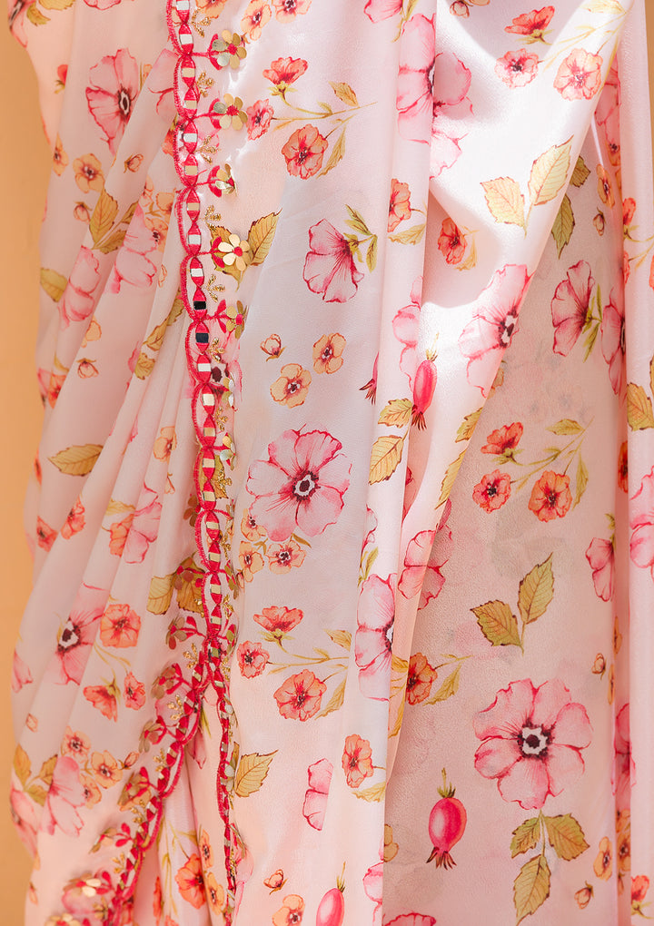 Baby Pink Floral Printed Crepe Designer Saree