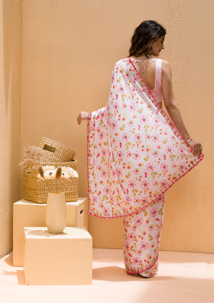 Baby Pink Floral Printed Crepe Designer Saree
