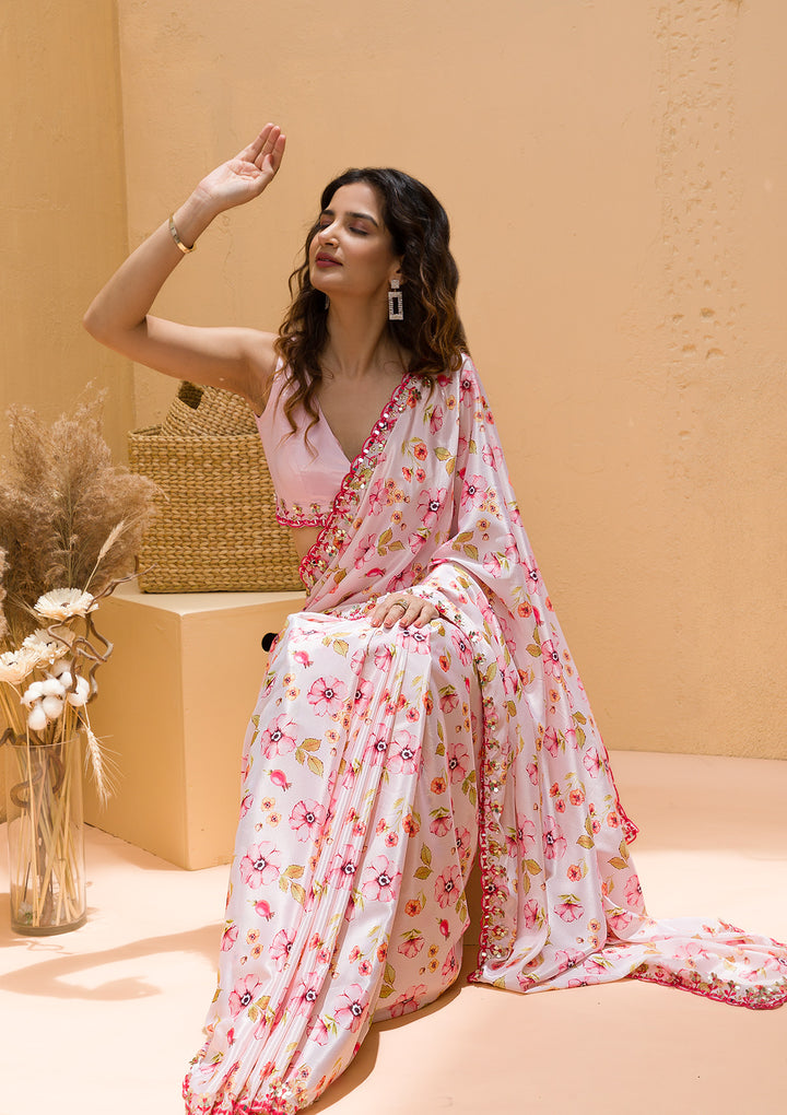Baby Pink Floral Printed Crepe Designer Saree
