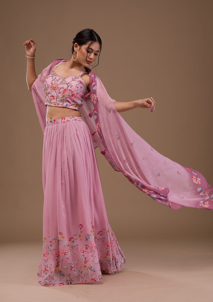 Baby Pink Printed Georgette Readymade Lehenga