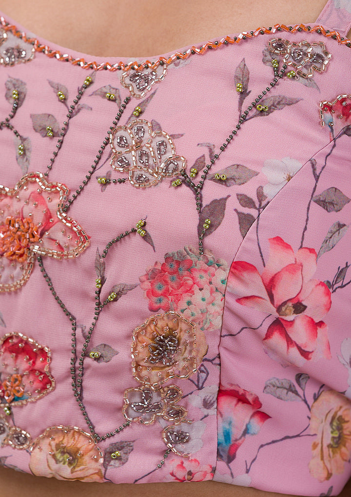 Baby Pink Printed Georgette Readymade Lehenga