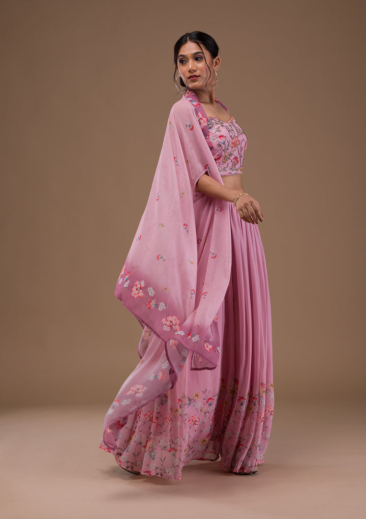 Baby Pink Printed Georgette Readymade Lehenga