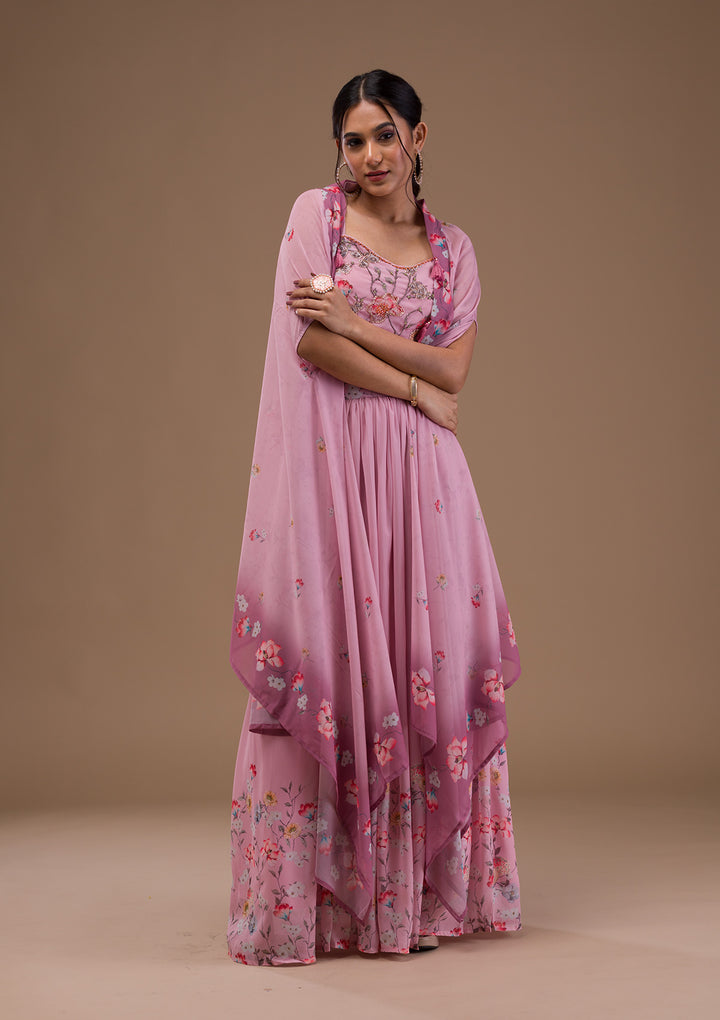 Baby Pink Printed Georgette Readymade Lehenga