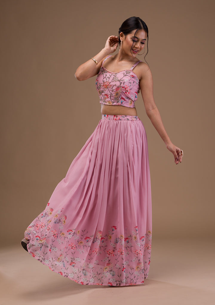 Baby Pink Printed Georgette Readymade Lehenga
