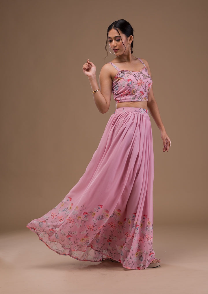 Baby Pink Printed Georgette Readymade Lehenga