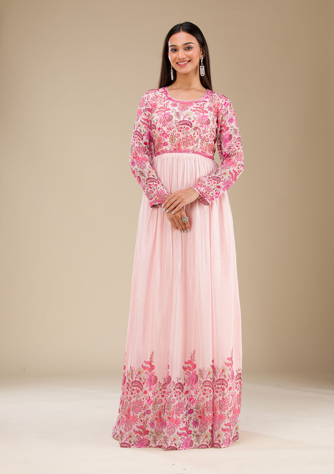 Baby Pink Printed Georgette Readymade Salwar Suit
