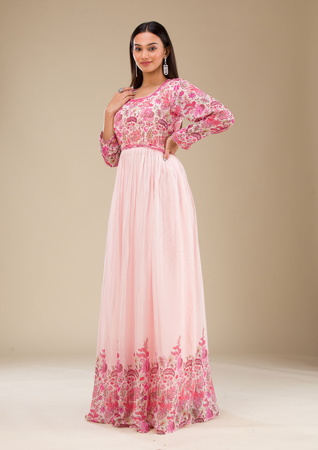 Baby Pink Printed Georgette Readymade Salwar Suit